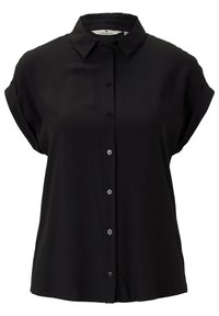 Blusa nera a maniche corte con bottoni, colletto piccolo e polsini ripiegati, realizzata in tessuto leggero.