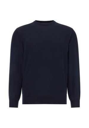 Marineblauwe ronde hals trui, lange mouwen, gemaakt van gebreide stof. Voorzien van geribbelde manchetten en zoom, een zachte textuur en een minimaal ontwerp.