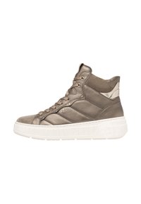 Sneaker alta in pelle metallizzata taupe con pannelli laterali testurizzati, design con lacci e una spessa suola bianca. Presenta dettagli in tono dorato.