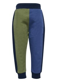 Twee-kleurige sweatpants met groene en blauwe blokken, voorzien van een marineblauwe tailleband en enkelmanchetten. Gemaakt van zacht, gestructureerd materiaal.