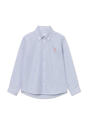 Button-up shirt in light blue and white stripes. Features a collar, long sleeves, and a small orange logo on the chest. Cotton fabric.