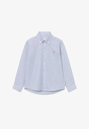 Button-up shirt in light blue and white stripes. Features a collar, long sleeves, and a small orange logo on the chest. Cotton fabric.