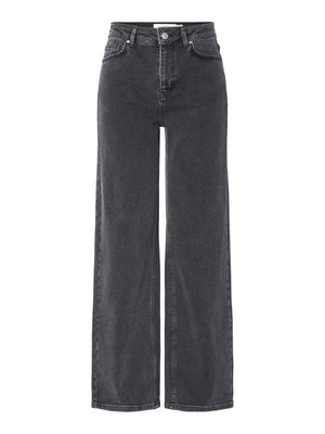 Džíny z černého denimu s vysokým pasem a širokými nohavicemi, zahrnující zapínání na knoflík, poutka na pásek a jemné zesvětlení látky.