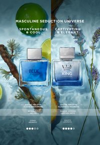 To blå parfumeflasker, Blue Seduction og King of Seduction, omgivet af lime, planter og vand, der fremhæver friske og vandagtige dufte.