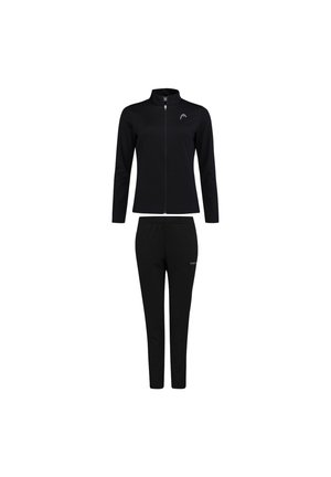 Ensemble de sport noir comprenant une veste zippée avec un col haut et un pantalon assorti. Fabriqué en tissu extensible, de conception simple et coupe ajustée.