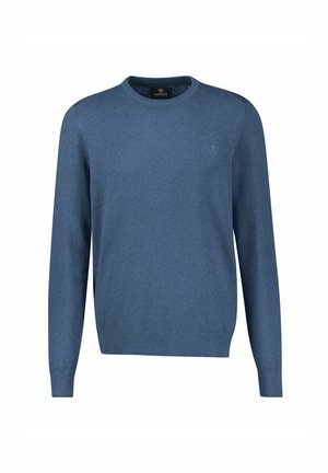 Herre blå langærmet sweater med rund hals, ribstrikkede manchetter og kant, ensfarvet strikdesign og diskret logo på brystet.