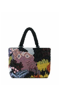 Taske med sorte polstrede håndtag, prydet med flerfarvet abstrakt broderi i pink, gul, rød, hvid og blå på en sort baggrund.