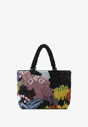 Tote bag with black padded handles, featuring multicolored abstract embroidery in pink, yellow, red, white, and blue on a black background.