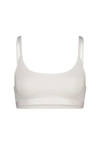 Hvitt bralette laget av mykt stoff, med justerbare stropper og et bredt, shimmerende bånd langs bunnen med trykk av logo.
