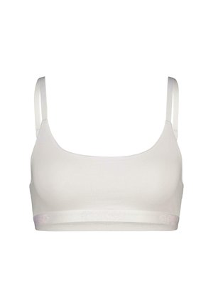 Bijela bralette napravljena od mekanog materijala, sa podesivim trakama i širokim, sjajnim pojasom duž donjeg dijela s ispisom logotipa.