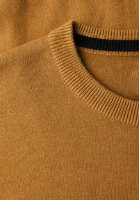 Strickpullover in Senfgelb mit einem gerippten Rundhalsausschnitt. Glatte Textur mit einem kontrastierenden schwarzen Streifen an der Innenseite des Kragens.