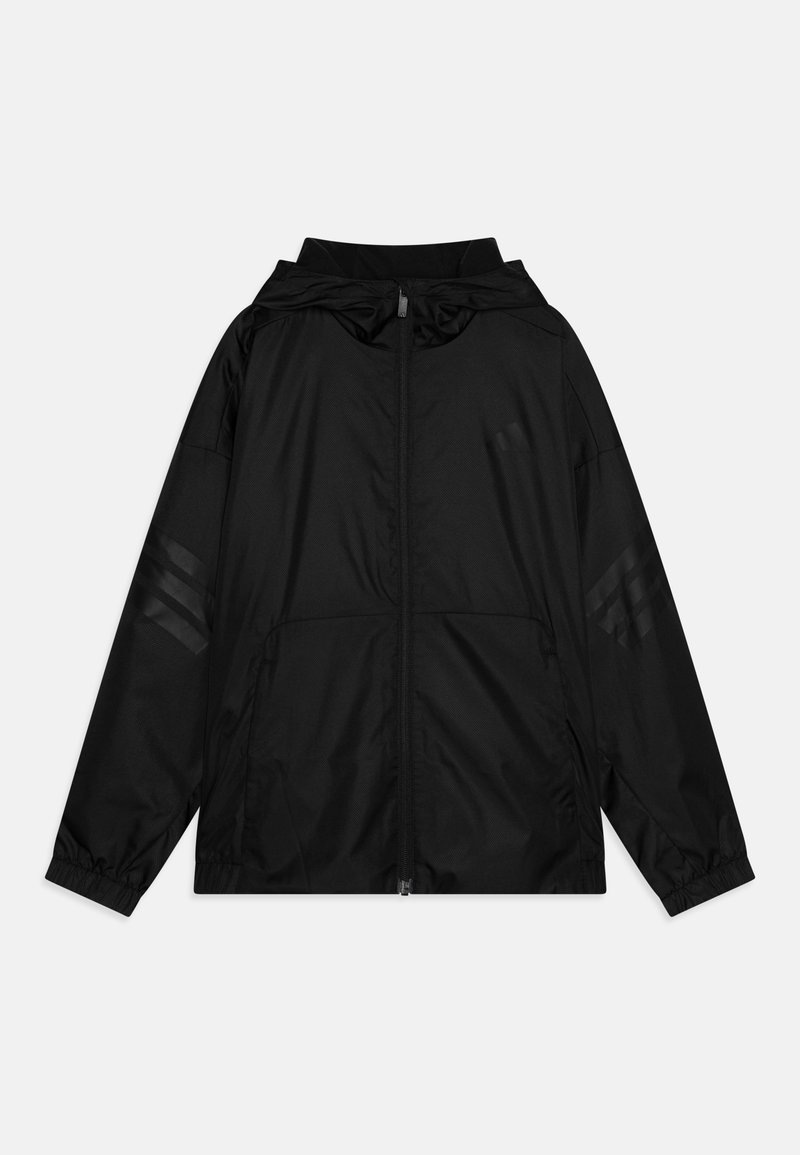 Black lightweight jacket with a hood, zip front, elastic cuffs, and subtle striped accents on the sleeves. Smooth, matte finish.