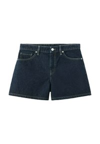 Shorts en denim bleu foncé avec bouton et fermeture éclair à l'avant, passants pour ceinture et design à cinq poches sur fond blanc.