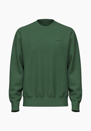 Donkergroen sweatshirt met een ronde hals, ribbelboorden en -zoom. Bevat subtiele branding aan de voorkant. Glad, katoenmix textuur.