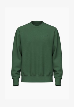 Sweatshirt verde escuro com decote redondo, punhos e bainha canelados. Apresenta uma marcação discreta na parte da frente. Textura suave em mistura de algodão.