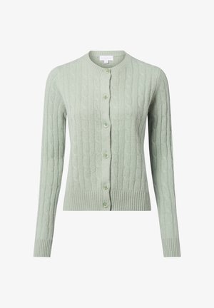 Gilet en maille torsadée vert clair avec un col rond, des manches longues et des boutons assortis sur le devant. Ourlet à côtes texturé.