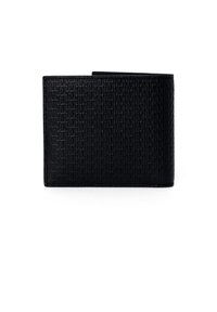 Black wallet with a textured pattern of interlocking triangles, made of leather, featuring a compact bi-fold design for easy storage.