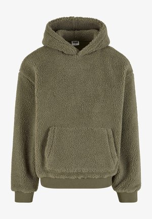 Oliivivihreä fleece-huppari, jossa on teksturoitu, pehmeä pinta, pitkät hihat, etutasku ja naruhuppu. Ribbaus hihansuissa ja helmassa.