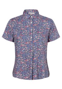 Hellblaues kurzärmliges Hemd mit Knopfleiste, das ein kleines pinkes und rotes Blumenmuster sowie einen spitzen Kragen aufweist.