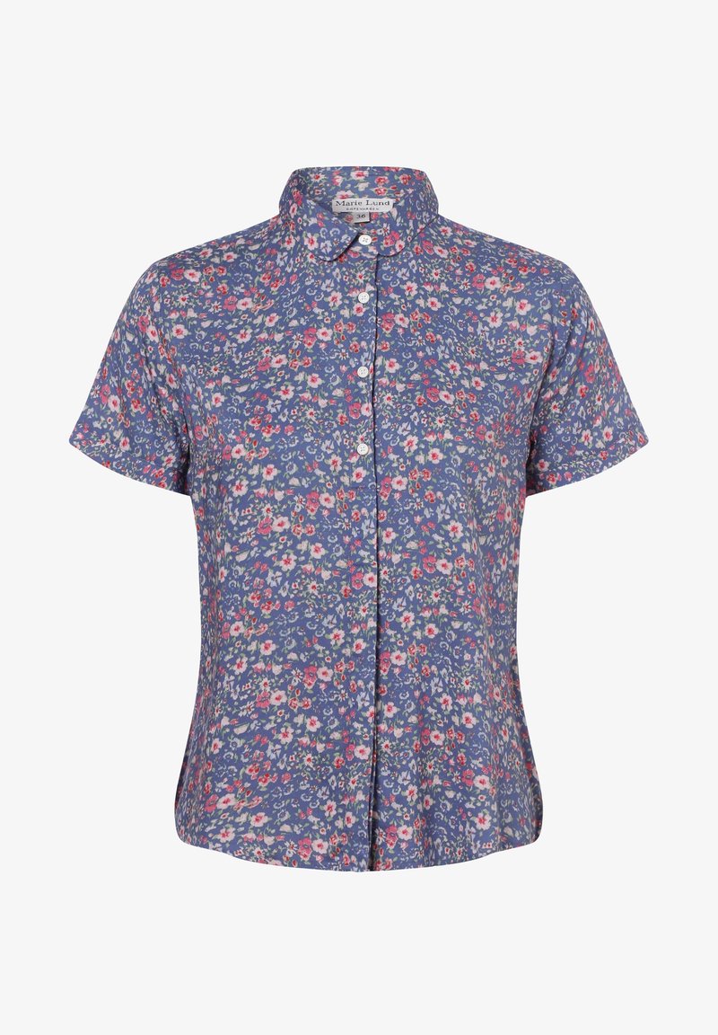 Hellblaues kurzärmliges Hemd mit Knopfleiste, das ein kleines pinkes und rotes Blumenmuster sowie einen spitzen Kragen aufweist.