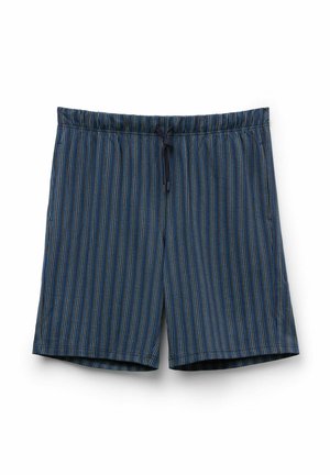Shorts de bain navy avec des rayures verticales colorées, taille élastique avec cordon de serrage, deux poches latérales et une coupe décontractée.