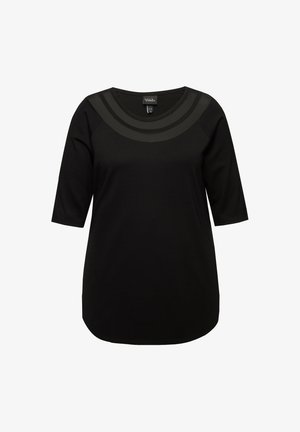Top nero con maniche a tre quarti. Presenta un colletto rotondo con un design a strati in un materiale contrastante. Texture liscia.