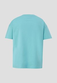 Türkisfarbiges T-Shirt mit kurzen Ärmeln, lockerer Passform, runder Ausschnitt und glatter Textur. Keine sichtbaren Muster oder Hardwaredetails.