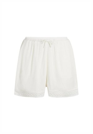 Biele, textúrované šortky s elastickým pásom so sťahovacou šnúrkou. Čipkový lem na okraji pridáva dekoratívny detail.