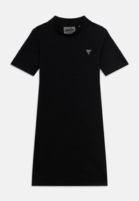 Μαύρο κοντομάνικο φόρεμα από βαμβάκι, με ψηλό λαιμό και μικρό τρίγωνο λογότυπο στο στήθος.