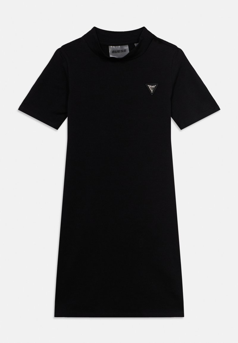 Μαύρο κοντομάνικο φόρεμα από βαμβάκι, με ψηλό λαιμό και μικρό τρίγωνο λογότυπο στο στήθος.