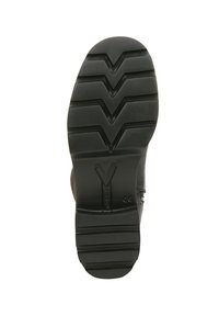 Suola in gomma nera con un motivo a zigzag, caratterizzata da una finitura liscia e un grande logo "V" impresso sul lato.