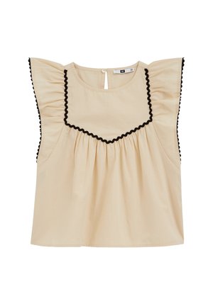 Beež värviga varrukateta pluus volangidega õlgadel ning eesrvoolu ja varrukaäärte mustad lainelised ääred, selja kaeluses nööbiga kinnituv.