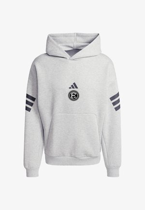 Hellgrauer Kapuzenpullover mit Fronttasche, Adidas-Logo über einem runden "F95"-Emblem und drei schwarzen Streifen an jedem Ärmel.