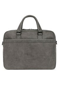 Borsa per laptop in sintetico grigio con due manici superiori, chiusura con zip e una superficie liscia. Presenta un dettaglio del logo sulla parte anteriore.
