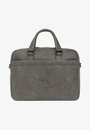 Gray synthetic leather laptop bag with two top handles, zipper closure, and a smooth texture. Features logo detail on the front.