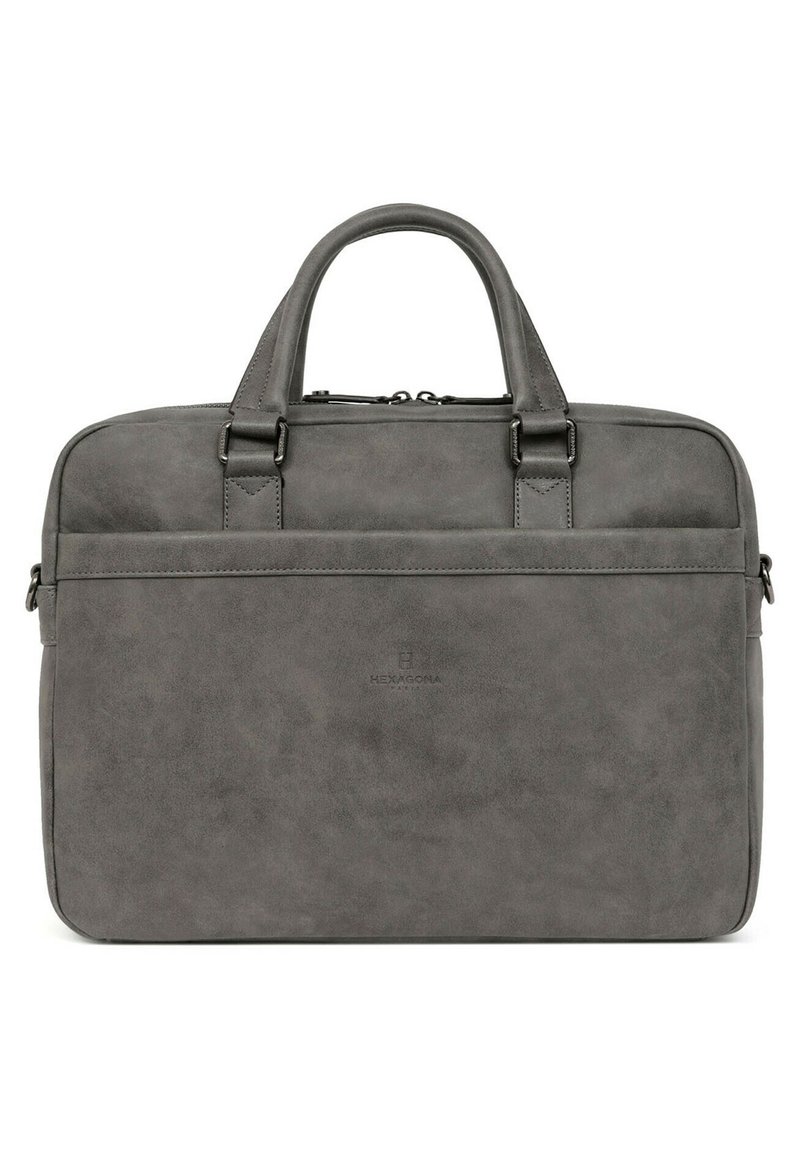 Borsa per laptop in sintetico grigio con due manici superiori, chiusura con zip e una superficie liscia. Presenta un dettaglio del logo sulla parte anteriore.