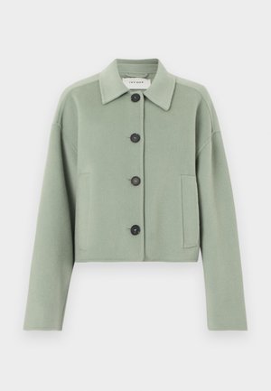 Mäkká svetlo šalviovo zelená vlnená skrátená bunda s veľkými čiernymi gombíkmi, bočnými vreckami a klasickým golierom, značková Ivy Oak.