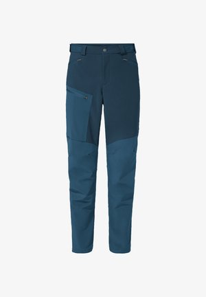 Pantaloni outdoor da uomo in blu scuro, con più tasche con zip, un tessuto resistente e un taglio affusolato per facilitare i movimenti.