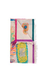 Wielokolorowy szalik z mieszanką wzorów kwiatowych i geometrycznych na kremowym tle. Wykończony jaskrawymi różowymi, niebieskimi i turkusowymi brzegami.