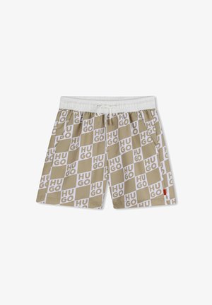 Shorts de bain beige avec logo blanc "HUGO" en motif à carreaux, taille élastique avec cordon de serrage, poches latérales et étiquette accent rouge.
