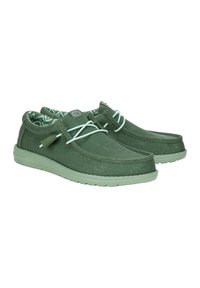 Zapatillas de lona verdes con una textura suave, suelas de goma, cordones azul claro y un forro interior con estampado. Diseño de punta redondeada con acentos mínimos.