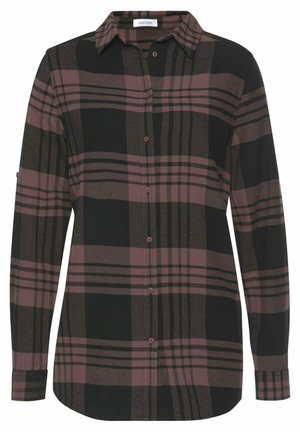 Schwarz-burgunderfarbener karierter Button-Up-Hemd mit Kragen, langen Ärmeln und abgerundetem Saum. Verfügt über vertikale und horizontale Streifen.