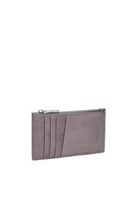 Grauer Leder Geldbeutel mit schlankem Design, ausgestattet mit Kartenfächern, einem Reißverschlussfach und geprägtem Markenlabel für zusätzliche Details.