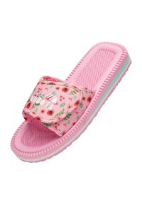 Różowe klapki na slide z kwiecistą górą z tkaniny, regulowanym paskiem i teksturowaną wkładką, z gumową podeszwą w białe i miętowo-zielone akcenty.