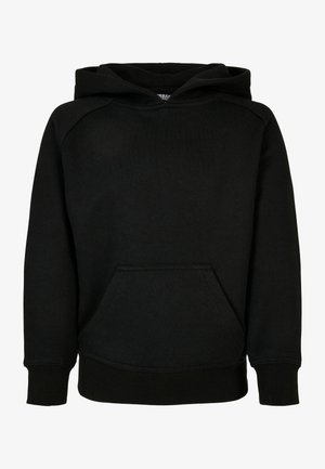 Czarna bluza z kapturem z długim rękawem, z przednią kieszenią kangur i prążkowanymi mankietami oraz dolnym ściągaczem, prezentowana na białym tle.