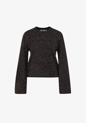 Črni skrajšani pulover z dolgimi rokavi, okroglo izrezan, iz teksturiranega pletenega materiala, ki ima subtilen metallicni sijaj. Nobenih vidnih vzorcev ali dodatkov.