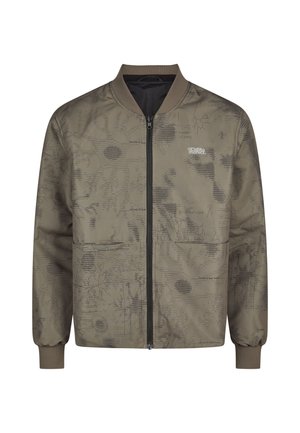 Olive green bomber jacket with a zip front, ribbed cuffs, and abstract black patterns across the fabric. Features a logo on the chest.