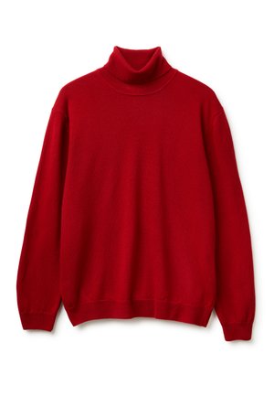 Roter Rollkragenpullover aus weichem Strickmaterial. Verfügt über lange Ärmel und einen gerippten Kragen sowie Saum. Schlichtes Design ohne sichtbare Muster.