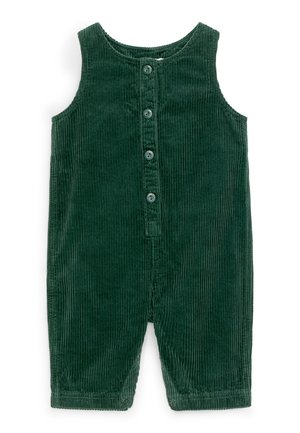 Ciemnozielony bezrękawnik niemowlęcy z aksamitu sztruksowego z zapięciem na guziki z przodu i zatrzaskami na nogawkach dla łatwej zmiany.