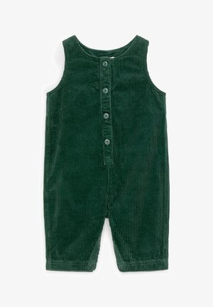 Combinaison bébé sans manches en velours côtelé vert foncé avec fermeture par boutons à l’avant et pressions aux jambes pour un change facile.